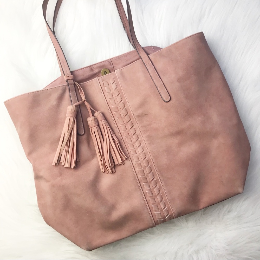 Rose pink oversized tassels tote bag